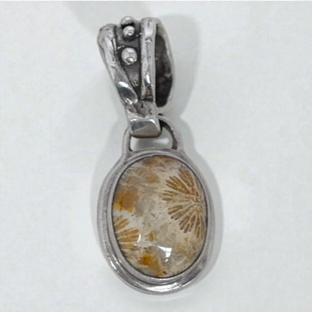 Shreve Saville Signed Sterling Silver Fossilized Coral Oval Pendant 11.3g View 3
